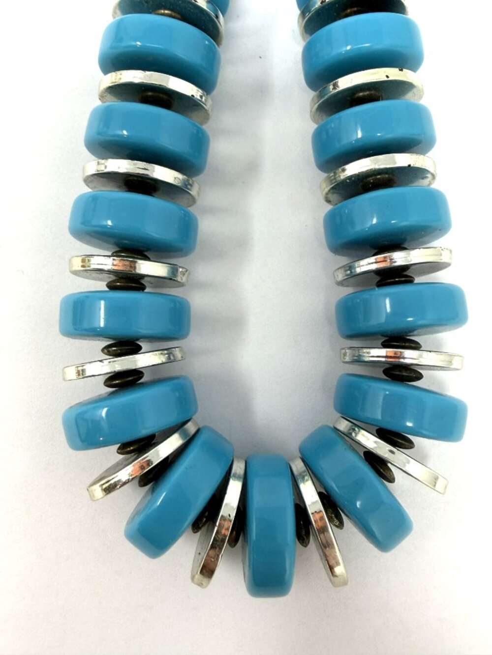Vintage Southwest Style Necklace 30” Turquoise-Blue Acrylic & Silver-Tone Beaded - Picture 5 of 9